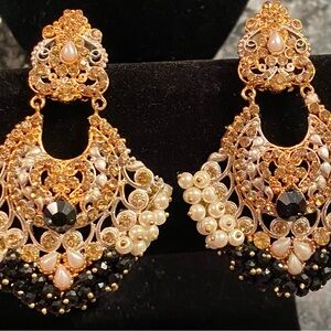 Stunning Indian Gold and Black Chandelier Earrings